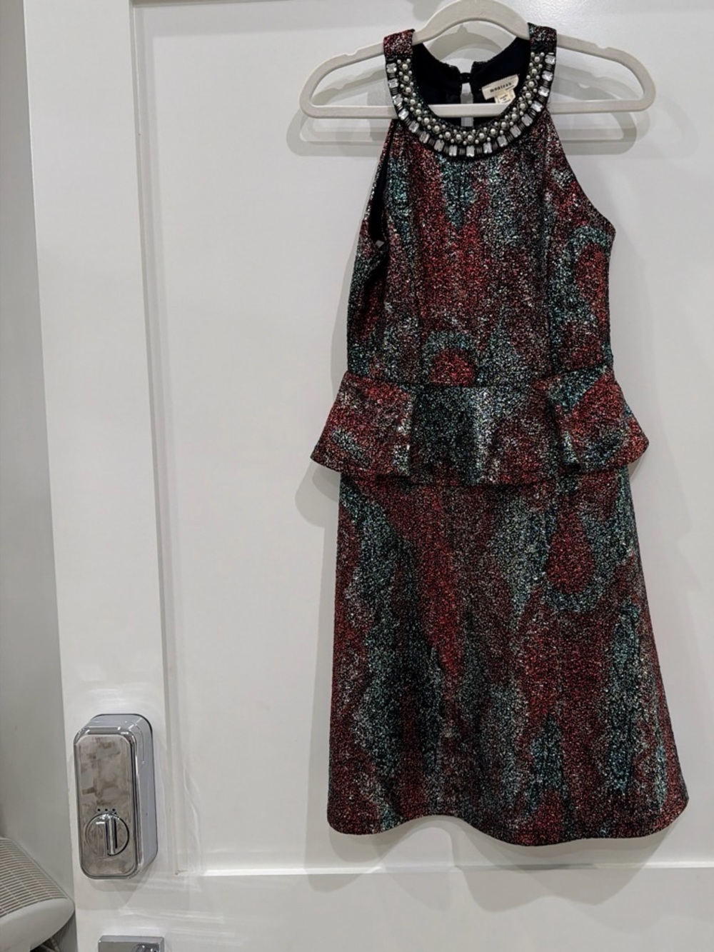 Monteau Metallic Burgundy & Teal Jeweled Halter Peplum Dress